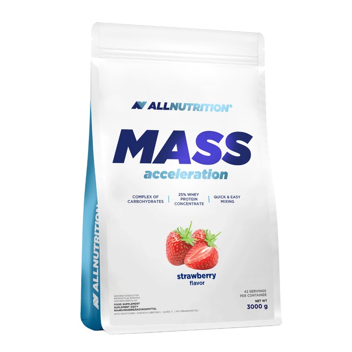 Gainer, proteine din zer, carbohidratii, ALLNUTRITION Mass Acceleration, 3000g, aroma Capsuni, gainer pentru crestere in greutate si masa musculara
