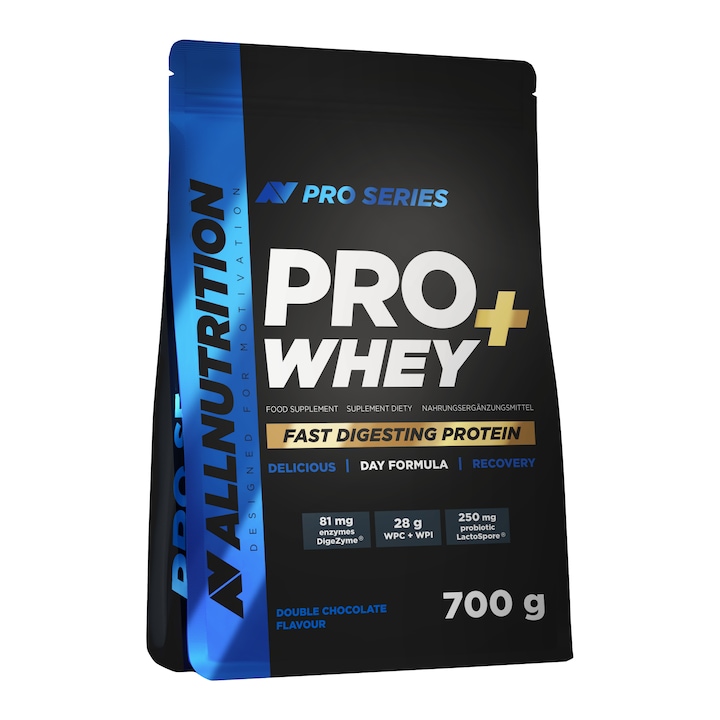Proteine, ALLNUTRITION PRO WHEY+, aroma DUBLE CIOCOLATA, 700 g, pudra proteica, proteine den zir, concentrat si izolat de proteine, pentru muschi, fara zahar
