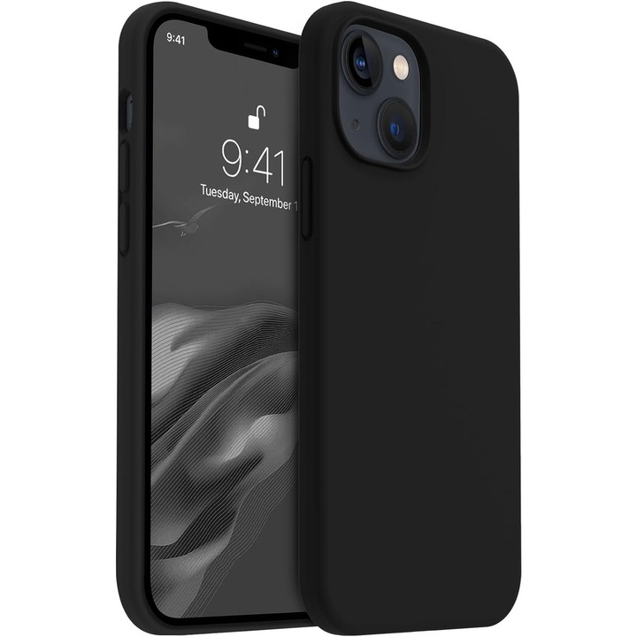 Pachet promo: Husa protectie compatibila cu iPhone 15, slim, silicon Negru cu interior din microfibra, protectie camera, protectie ecran, ISAG + Folie protectie din sticla, compatibila cu iPhone 15, cu lipici pe tot ecranul Full Glue, Case Friendly, ISAG®