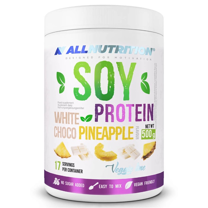 Proteine vegana, izolat proteic din soia, ALLNUTRTION SOY PROTEIN, aroma Ciocolata Alba - Ananas, 500g, pudra proteica, fara zahar, proteine vegetale