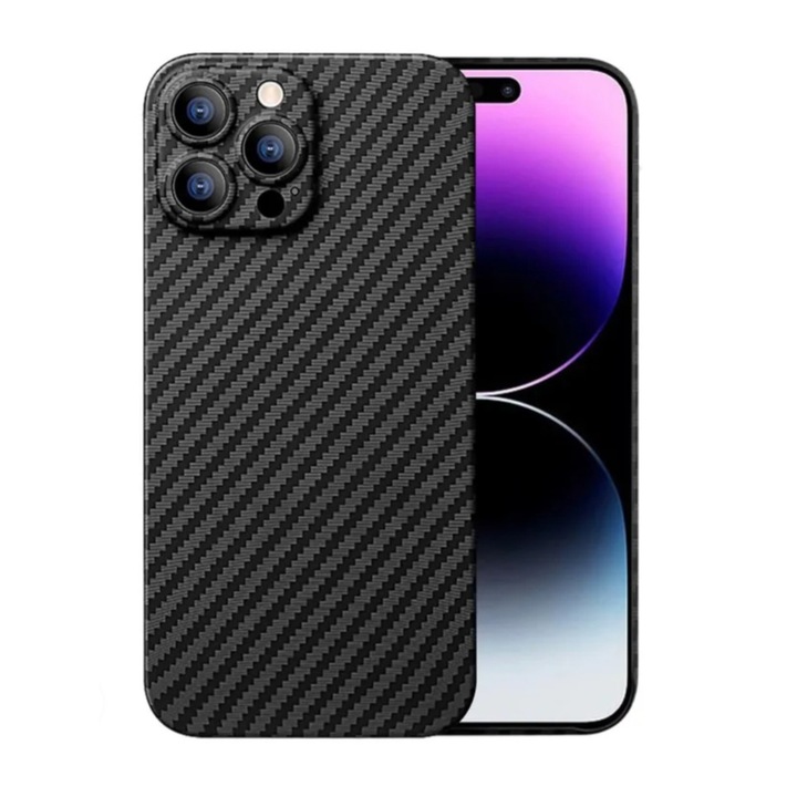 Husa protectie din Kevlar compatibila cu iPhone 14 Pro, din Fibra de Carbon, Aramida, ultra slim, ultra rezistenta, protectie camera, Negru, ISAG