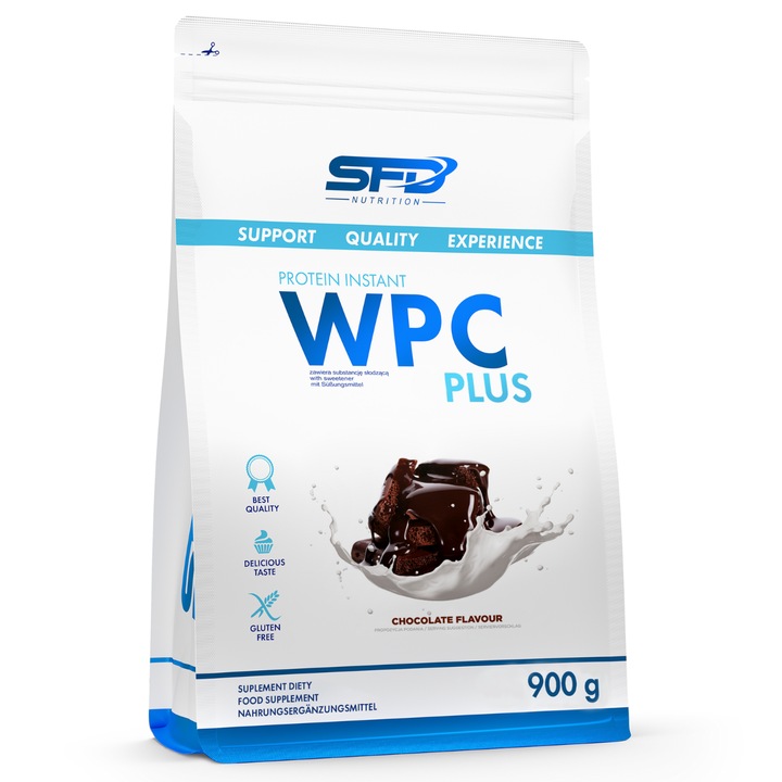 Proteine din zer, SFD WPC PROTEIN PLUS, aroma CIOCOLATA, 900 g, pudra proteica, concentrat de proteine, 22g de proteine per portie, fara zahar