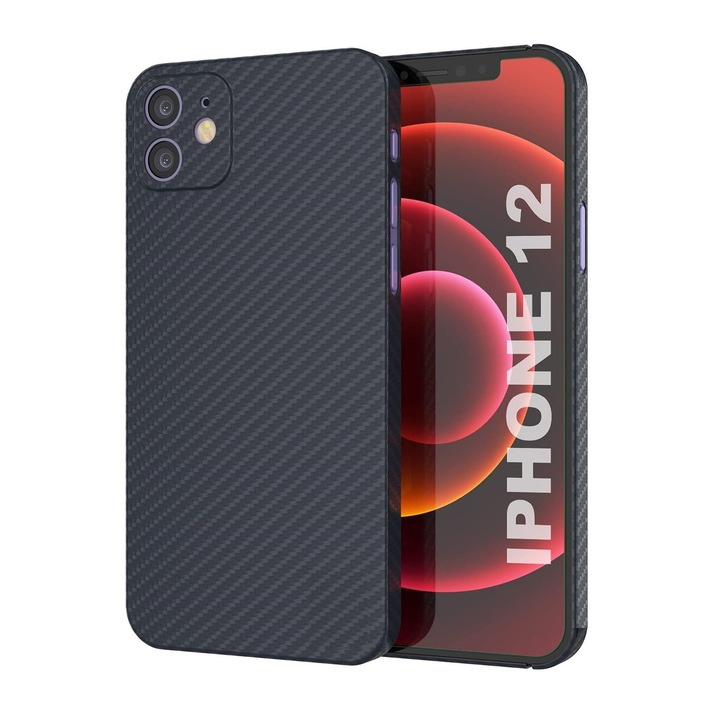iPhone 12-vel kompatibilis Kevlar védőtok, szénszálas, aramid, ultravékony, ultra ellenálló, kameravédelem, fekete, ISAG