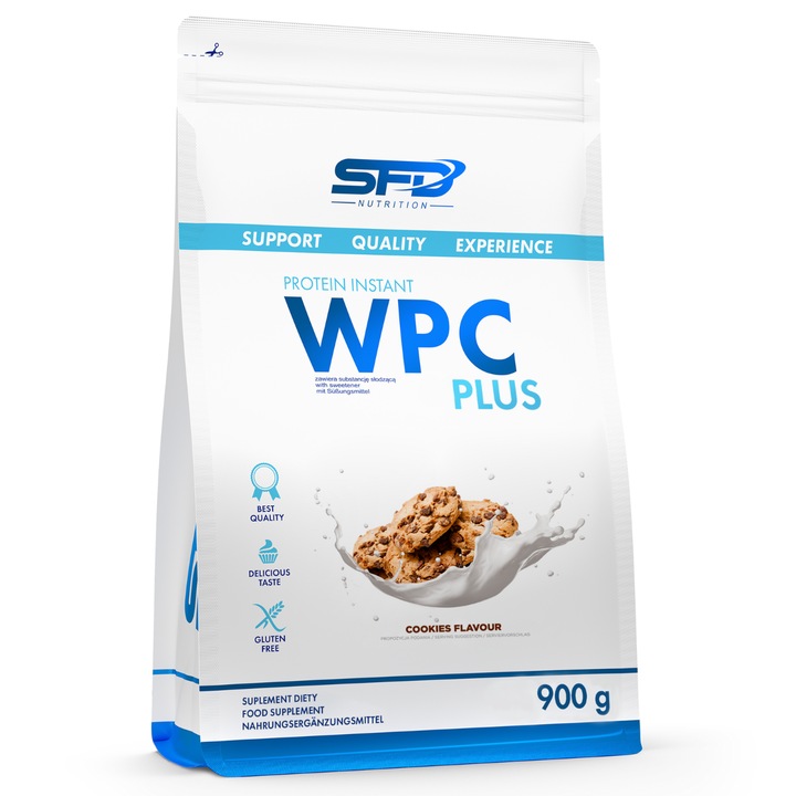Proteine din zer, SFD WPC PROTEIN PLUS, aroma BISCUITI, 900 g, pudra proteica, concentrat de proteine, 22g de proteine per portie, fara zahar