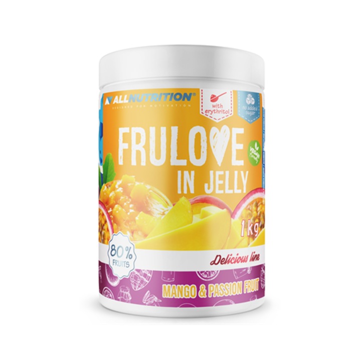 Gem de mango si fructul pasiunii, ALLNUTRITION FRULOVE IN JELLY MANGO & PASSION FRUIT, 1 kg, fara zahar, gem de fructe, 80% fructe