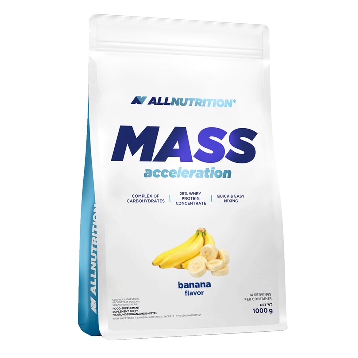 Gainer, proteine din zer, carbohidratii, ALLNUTRITION Mass Acceleration, 3000g, aroma Banana, gainer pentru crestere in greutate si masa musculara
