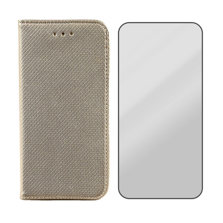 Комплект кожени и фолио Flip Cover 5D Glass, съвместим със Samsung Galaxy J3 2017 J330, дизайн на текстура, черни ръбове, защитено стъкло, магнитно затваряне, интелигентно плавно затваряне, тип книга, джоб за портфейл, злато