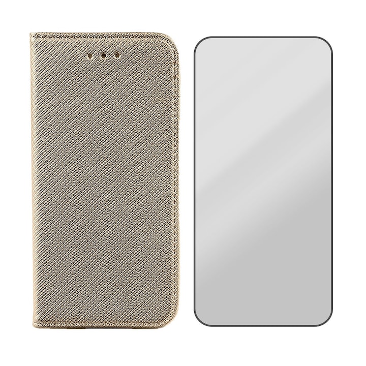 Bőr és fólia 5D üvegből készült kihajtható borító készlet Samsung Galaxy A50 / A30s / A50s kompatibilis, textúra kialakítás, fekete élek, biztonságos üveg, mágneses zárás, intelligens lágy zárás, könyvtípus, pénztárca zseb, arany