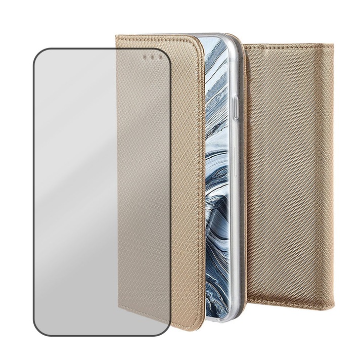 Комплект флип калъф и 5D стъклен протектор за Xiaomi Redmi Note 12 Pro 4G / Note 11 Pro 4G / Note 11 Pro 5G, текстурен дизайн, черни ръбове, защитено стъкло, магнитно затваряне, интелигентно плавно затваряне, тип книга, джоб за портфейл, златист
