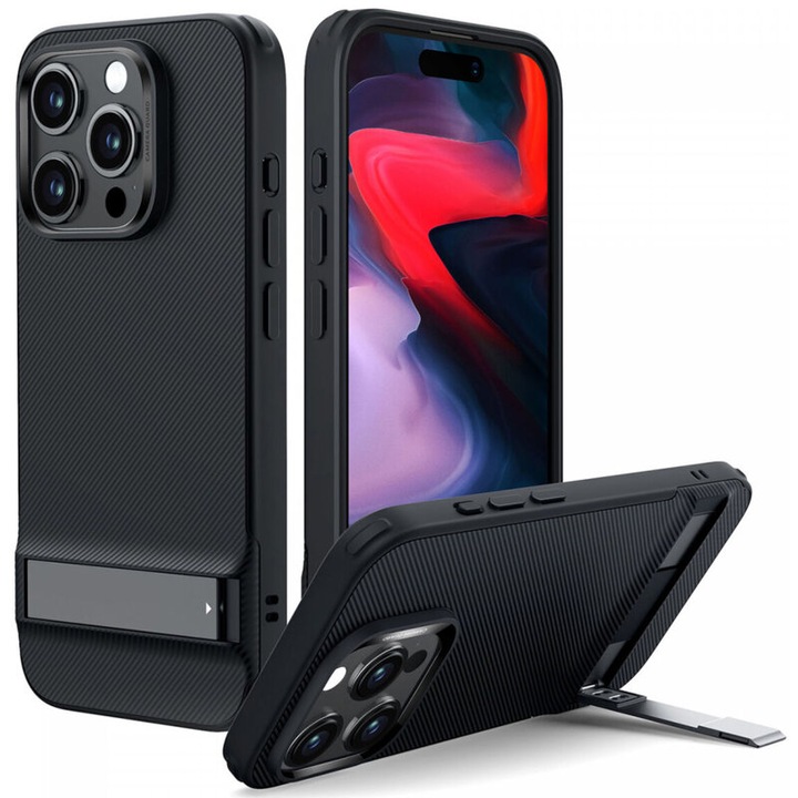 Защитен калъф, съвместим с Apple iPhone 15 Pro Max, Air Shield Boost, със стойка, силикон, черен