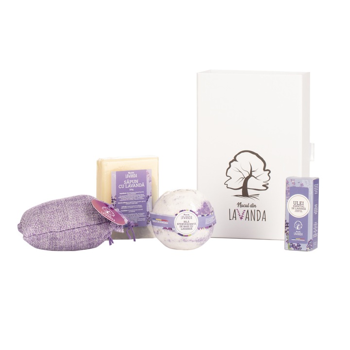 Set Ritual Relax & Spa cu lavanda, Nucul din lavanda, 5 produse, Ulei esential de lavanda 10 ml,, Sapun artizanal cu lavanda 100 gr, Bila efervescenta cu lavanda 130 gr, Saculet odorizant cu lavanda, cutie personalizata