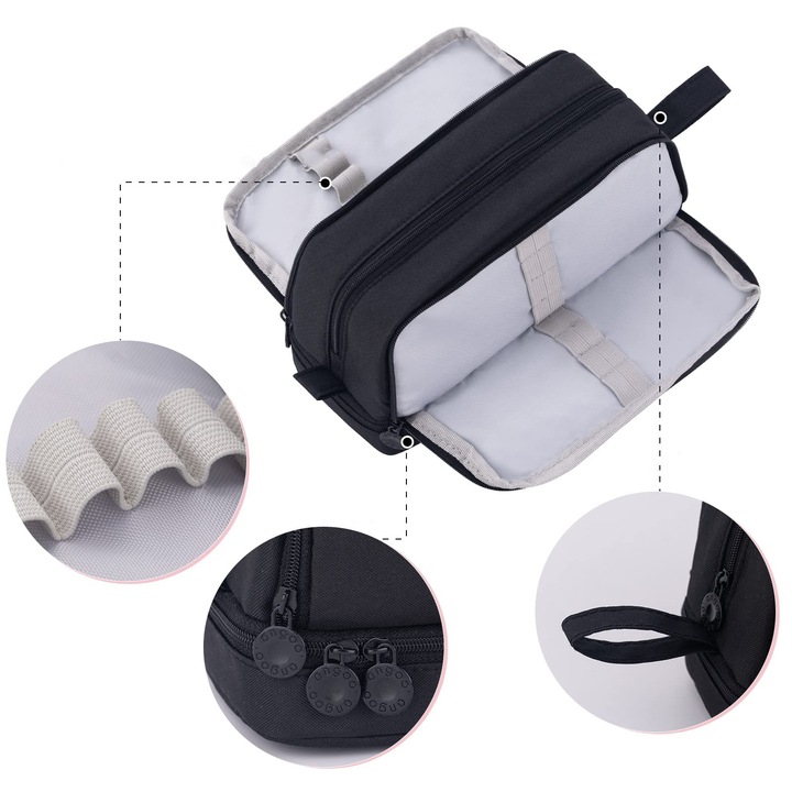 Penar scolar, Geanta cosmetica, ANGOO, 4 Compartiment, tip borseta, capacitate mare, Multifunctionala, 22x9.5x10cm, Negru