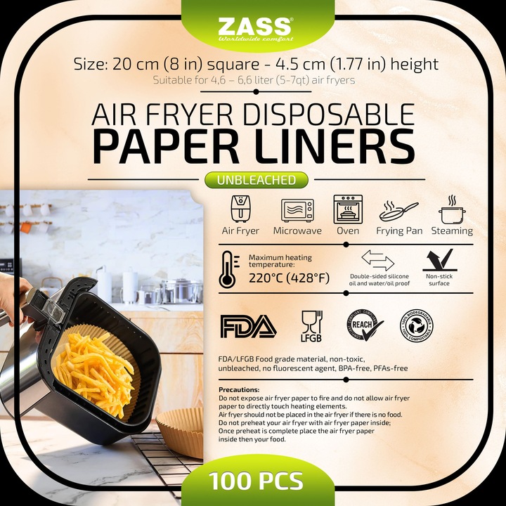 Set 100 buc Hartie de copt pentru airfryer ZASS ZPL 04, 20 cm, Maro, forma patrata, Maro
