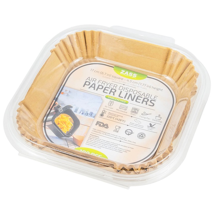 Set 100 buc Hartie de copt pentru airfryer ZASS ZPL 03, 17 cm, forma patrata, Maro