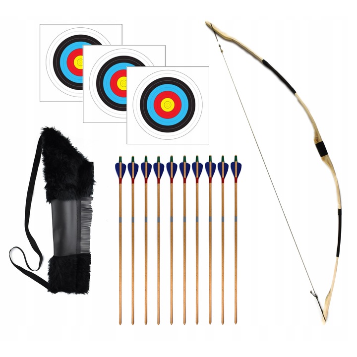 Set arc, 10 sageti, Lemn, 115 cm, Multicolor