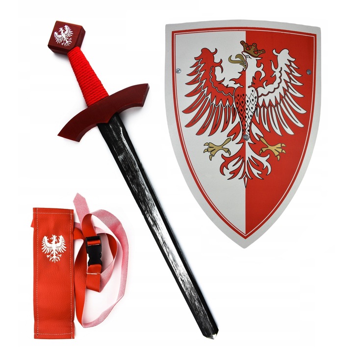 Set spada scut si teaca, 60 cm, Rosu