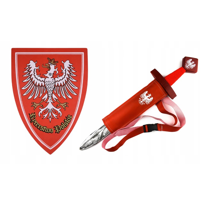 Set scut si sabie cavaler, Lemn, Rosu