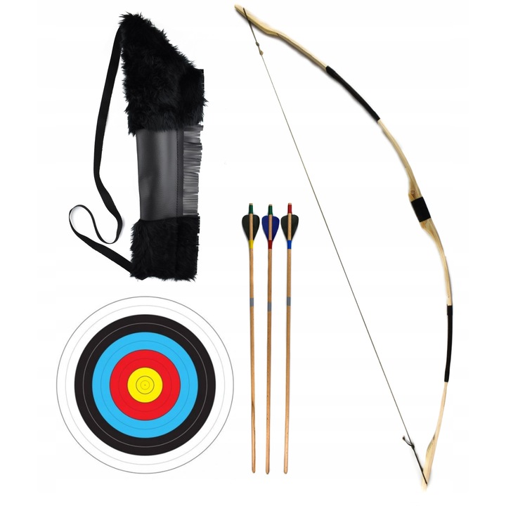 Set arc, tolba, 3 sageti si tinta, Lemn, 115 cm, Multicolor