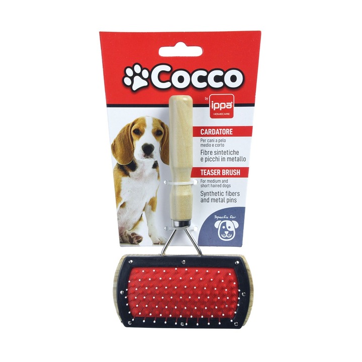 Perie de par speciala pentru caini, Cocco, maner lemn, dubla: peri din par natural/peri metalici varfuri rotunjite