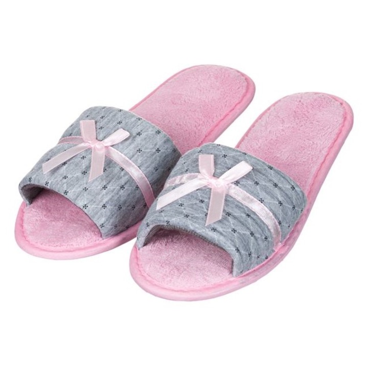 Papuci de casa sau baie tip prosop VENITIVO®, decupati, pentru dama, cu funda, marime 39-41, culoare roz gri