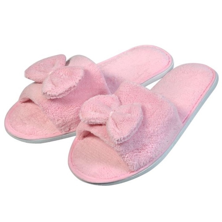 Papuci de casa sau baie tip prosop VENITIVO®, decupati, pentru dama, cu funda, marime 39-41, culoare roz