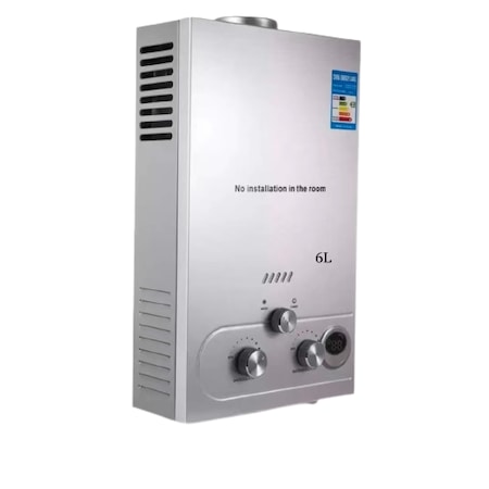 Incalzitor instant pe GPL DacEnergy©, carcasa din otel inoxidabil, afisaj LED si butoane de control, presiunea gazului nominal de 2800Pa, cu alimentare baterii, 6l/min, 12 kw, argintiu