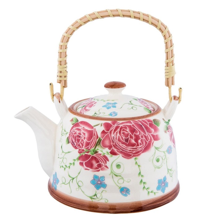 Teáskanna kerámia szűrővel, rózsaszín virágdíszítéssel 18 cm x 14 cm x 12 / 0,7 L