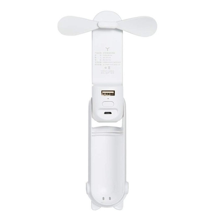 Ventilator portabil, Sunmostar, Pliabil, Incarcare USB, 2000 mAh, Lumina LED, Plastic, Alb