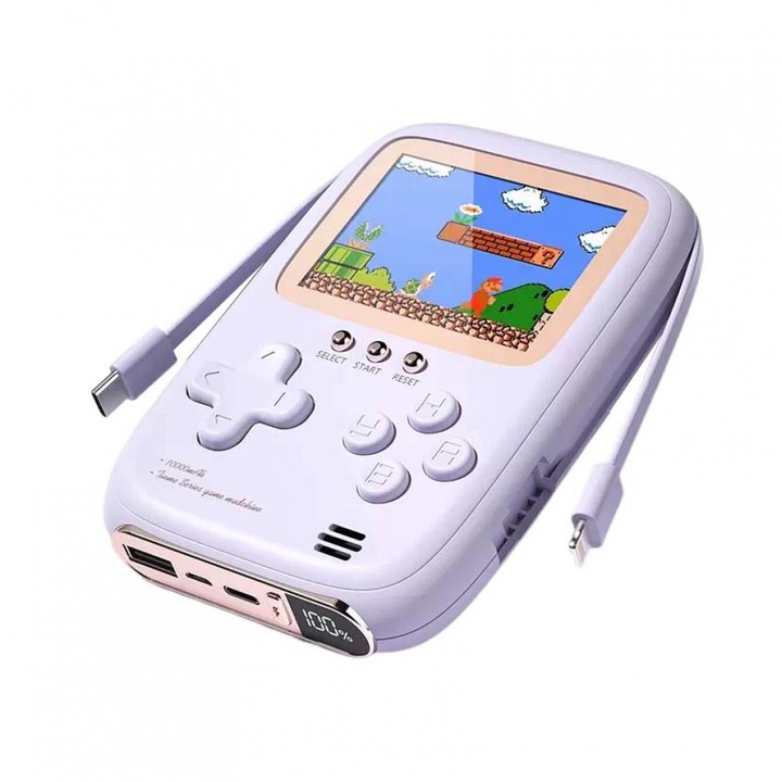 Consola portabila 2 in 1 cu 500 de jocuri, Power Bank 10000 mAh cu fire type C si lightning, mov