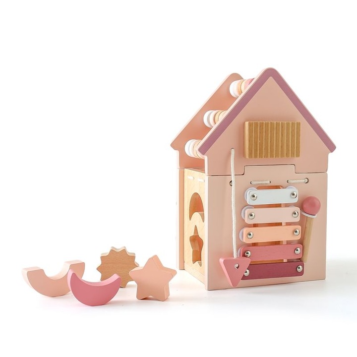 Oktatási Montessori interaktív kocka gyerekeknek és babáknak, Busy Box, 15,7 cm x 22,5 cm