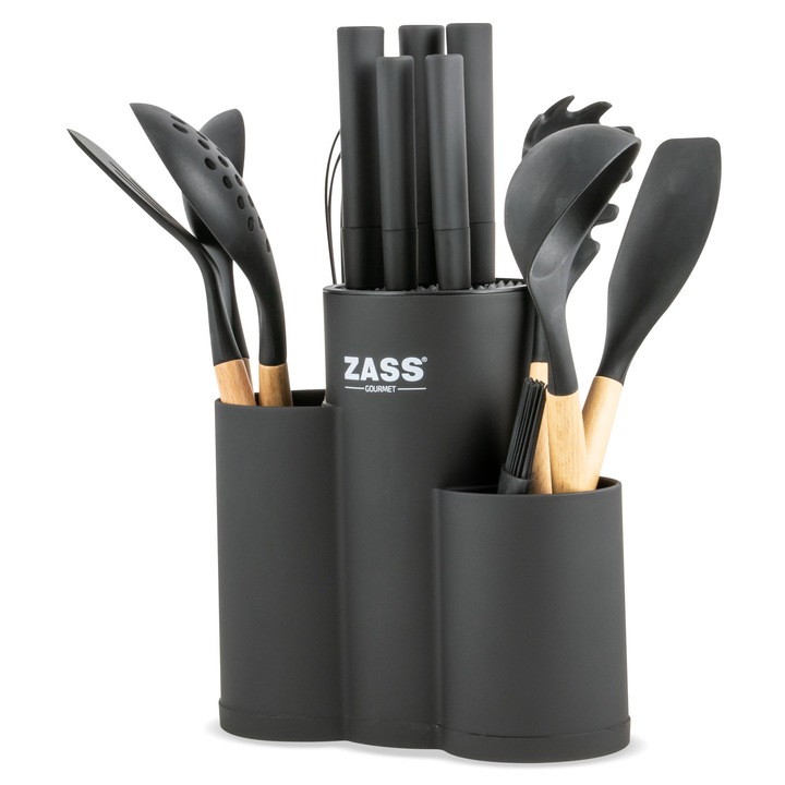 Set cutite si ustensile de bucatarie 14 piese Zass Gourmet ZG-KS 08, Suport cu 3 compartimente, Negru