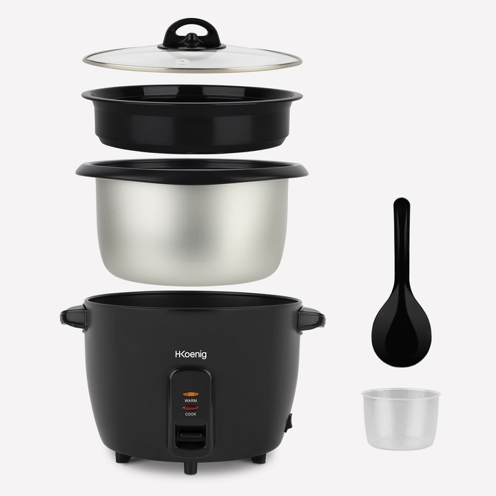 Aparat de gatit orez H.Koenig, ORYZA4, capacitate 0.8 litri, functie de pastrare la cald, acoperire antiaderenta, oprire automata, fara BPA, accesorii incluse, picioare anti-alunecare, curatare usoara, operare intuitiva, negru