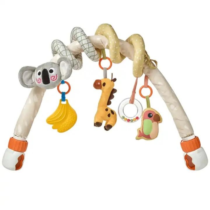 Jucarie pentru copii Arcada Girafei, pentru patut, carucior, scaun de masina, cu 3 accesorii agatatoare, interactive, Tumama®, +3 luni, galben