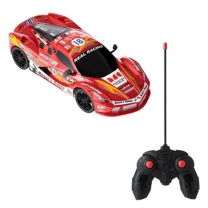 Masina de Curse Rosie cu Telecomanda si Lumini 1:16 - 27 MHz, 34x12.5x15cm