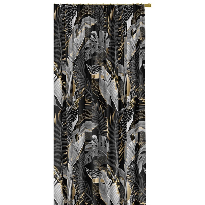 Draperie cu banda, HomeView, Model frunze, Poliester, 180g/m2, 140 x 230 cm, Negru/Gri