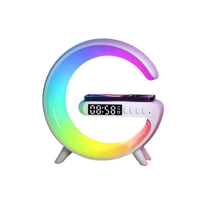 Statie Incarcare Wireless SIKS 3 in 1 cu lampa RGB, Boxa Bluetooth, Difuzor 5W, Ceas Digital Cu Alarma, Lumini Ambientale, Sincronizare muzicala, USB, FM Radio, MicroSD, Control Aplicatie, Alb