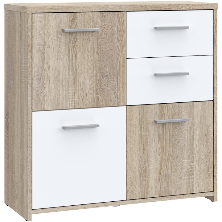 Comoda Forte Quadro, dimensiuni 77.2x 77.5x 29.6 cm, culoare stejar Sonoma/ alb, 3 usi, 2 sertare