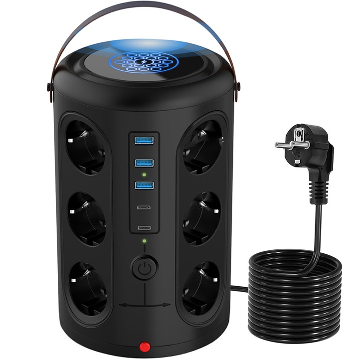 SAFEMORE tower extension, 3xUSB/2xType-C/12xPlug, С нощна лампа, Защита от пренапрежение, Черен, 2 м