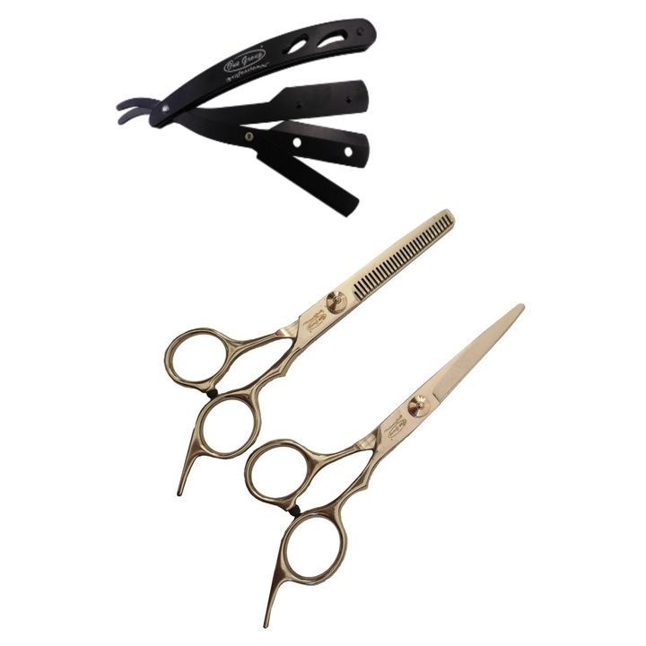 Set 3 piese, foarfeca tuns 6", foarfeca filat 6", brici metal negru pentru frizerie si saloane coafor