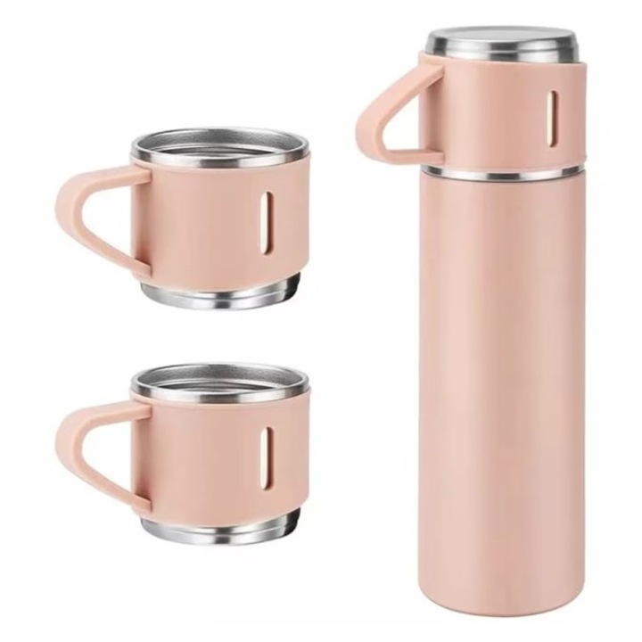 Termos EDAR Cu Interior Din Inox, Capacitate 500 ml, Cu Perete Dublu, Set Cu 2 Cani Extra, Inchidere Ermetica, Rezistent la Rugina si la Scurgeri, Roz