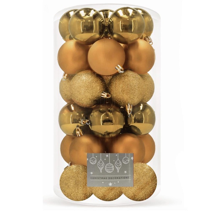 Set globuri de Craciun, 30 bucati, 3 modele, 6cm, auriu+