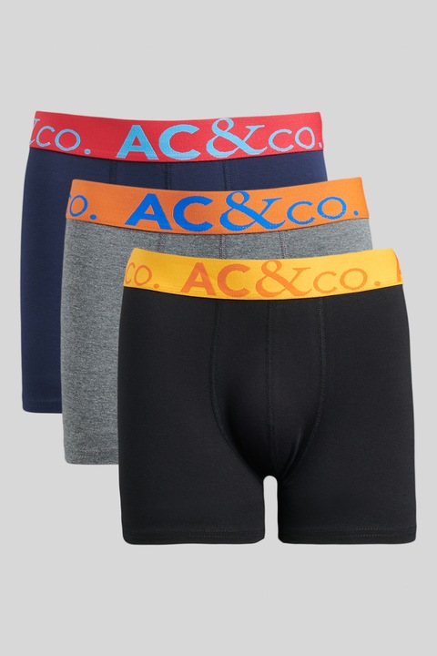 AC&Co, Set de boxeri cu banda logo in talie - 3 perechi, Gri, Negru, Albastru, 2XL