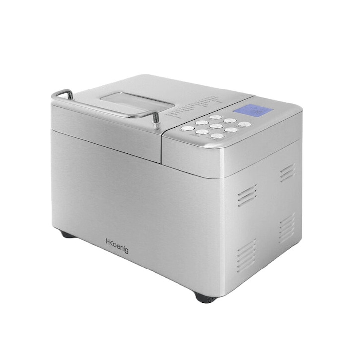 Masina de paine H.Koenig, BAKE440, 15 programe, 3 dimensiuni paine, maxim 1000 g, 3 grade de rumenire, deschidere adaugare seminte, program iaurt, gem, paine fara gluten, mentinere la cald, ecran LCD, bol antiaderent, pornire intarziata, argintiu