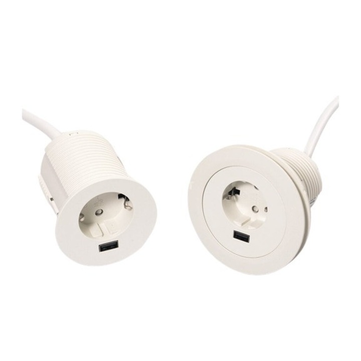 Priza VERSATAG, 1 Schuko + 1 USB, incastrabila in blat, alba