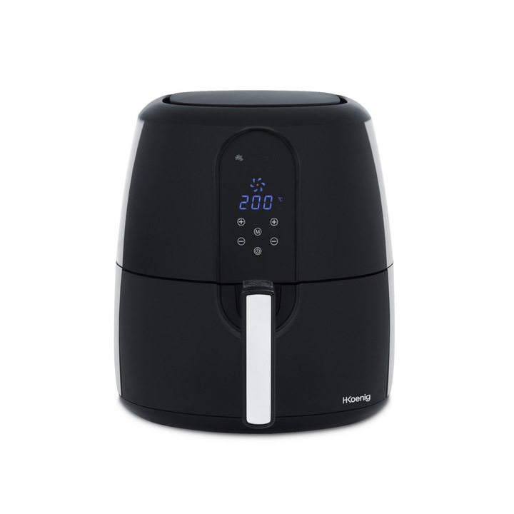 Air Fryer Forrólevegő sütő H.Koenig, FRY820, űrtartalom 5,5 liter, olaj nélkül, 7 program, állítható hőmérséklet 80-200°C, időzítő, LCD képernyő, érintőképernyő, gyümölcs szárítására is ideális, hangjelzés, gyors fűtés, alacsony fogyasztás, fekete