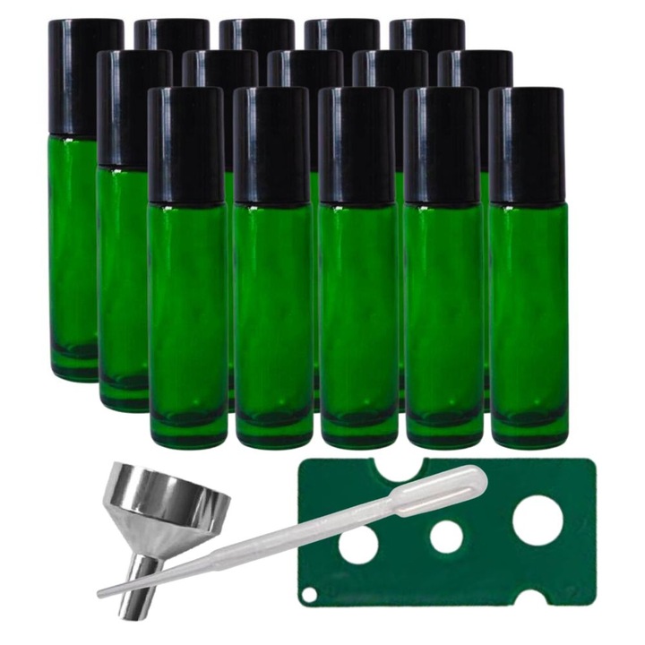 15 db kozmetikai roll-on üvegtartály készlet 10 ml DROPY® nyitóval és tölcsérrel, illóolajokhoz, parfümökhöz, zöldekhez