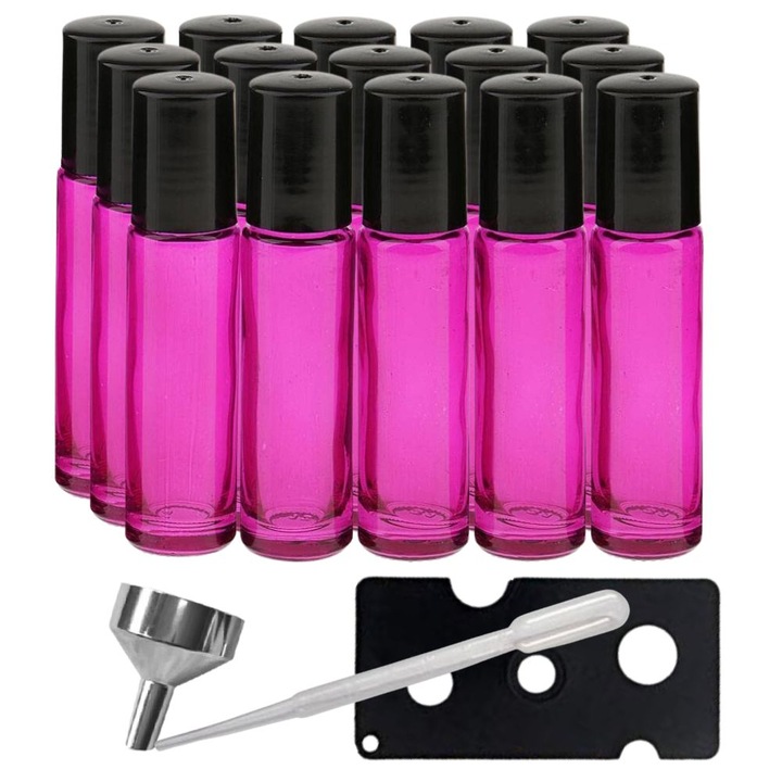 15 db tekercses üveg kozmetikai tartály készlet 10 ml DROPY® nyitóval, tölcsérrel és pipettával illóolajokhoz, parfümökhöz, vastag rózsaszín üveghez