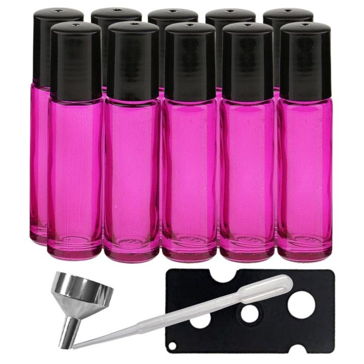 10 db tekercses üveg kozmetikai tartály készlet 10 ml DROPY® nyitóval, tölcsérrel és pipettával illóolajokhoz, parfümökhöz, vastag rózsaszín üveghez