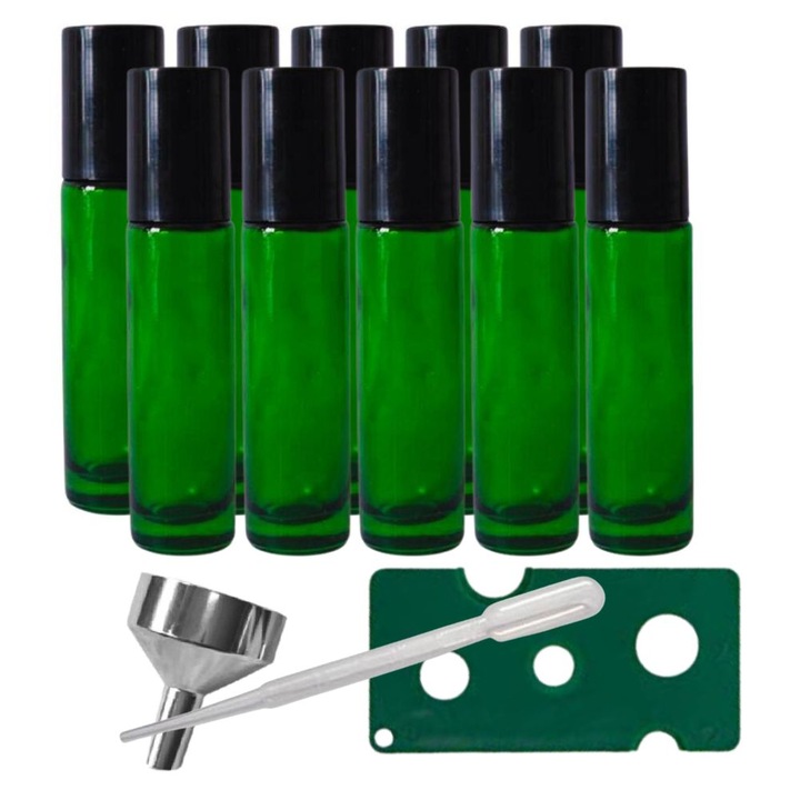 10 db-os tekercses 10 ml-es DROPY® üveg kozmetikai edény készlet nyitóval és tölcsérrel illóolajokhoz, parfümökhöz, zöldekhez