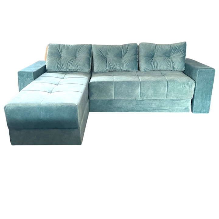 Coltar extensibil Simona Turcoaz Studio Casa, Reversibil, Lada de depozitare, Material textil catifelat, 250 x 195 x 77 cm